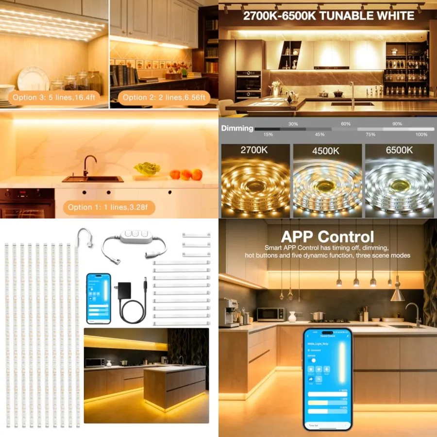 Under Cabinet Lighting Kit, 10 PCS Under Cabinet Lights, 2700K-6500K Tunable White LED Strip Lights with APP, Power Adapter, Di