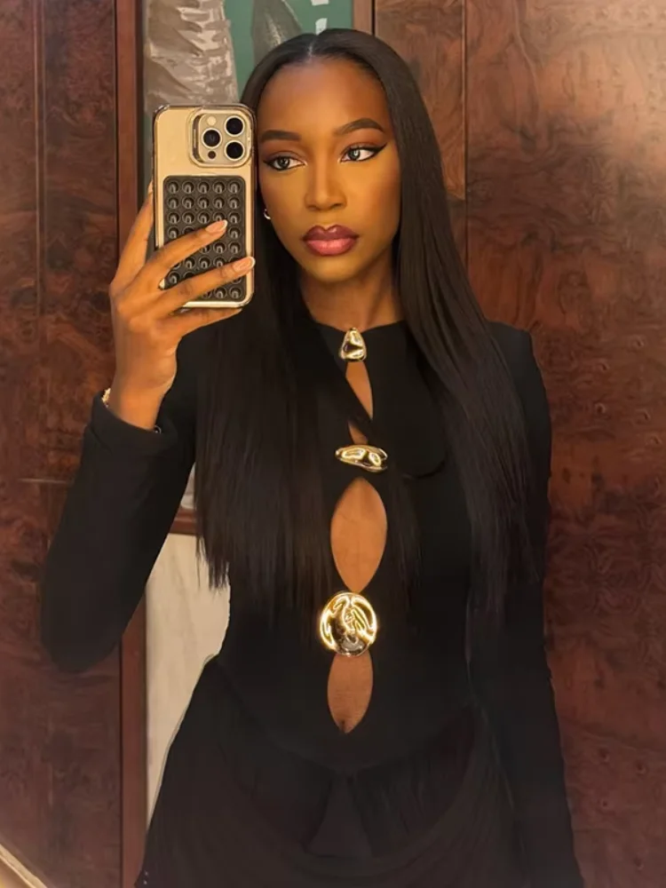 Seksowna, ażurowa, plisowana mini sukienka damska, elegancka, z dekoltem typu O, długim rękawem, wysokim stanem, jednolita, kolekcja jesień 2025, sukienka na imprezę, do klubu.