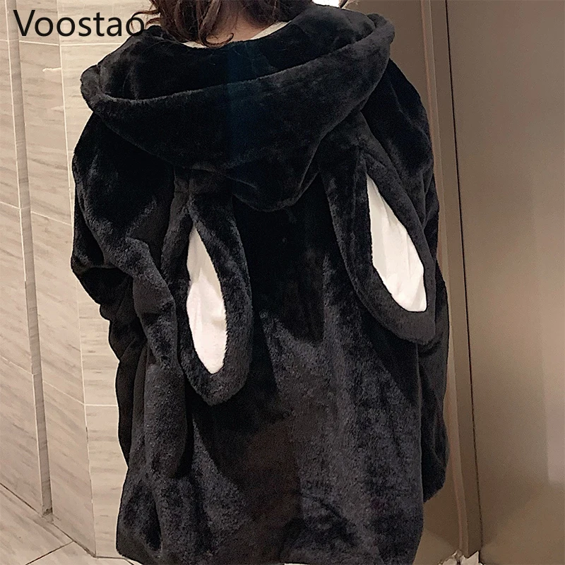 Autumn Winter Gothic Harajuku Couple Hoodies Cute Rabbit Ears Black Hooded Outwear Women Sweet Korean Loose Warm Plush Coats