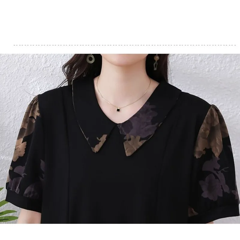 Women\'s Pullover Summer Geometric Pattern Patchwork Chiffon Short Sleeve Turn-down Collar T-shirt Casual Elegant Loose Tops