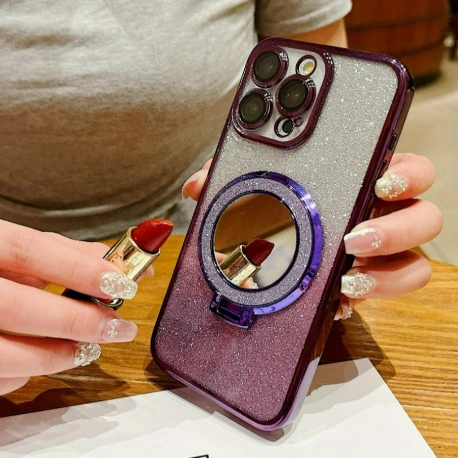Luxuriöse Glitzer-Spiegel-Magnet-Halterung für iPhone 17/16/15/14/13/12/11 Pro/Pro Max/Plus mit Objektivschutzfolie Handy-Schutzhülle
