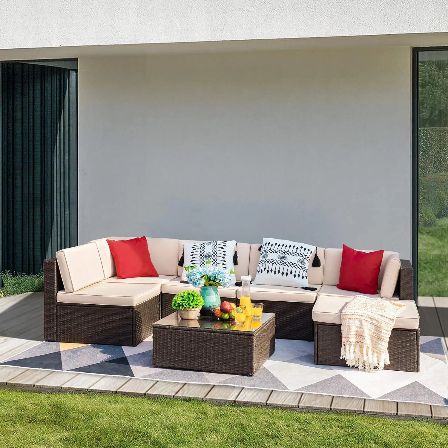All-Weather Wicker Rattan Outdoor Sectional Sofa Set with Cushions & Glass Table, 7 Pieces, Beige, Customized