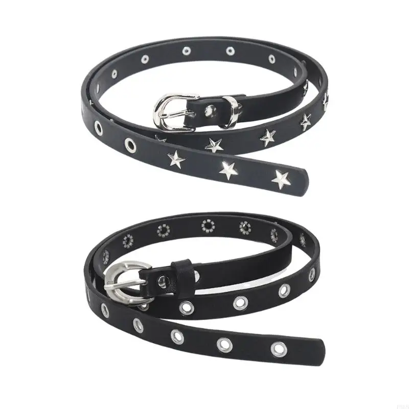 P88B Harajuku Adult Waist Belt with Pin Buckle Alloy Star Rivet Waistband PU Waist Belts for Women Man Wear Resistant Belt