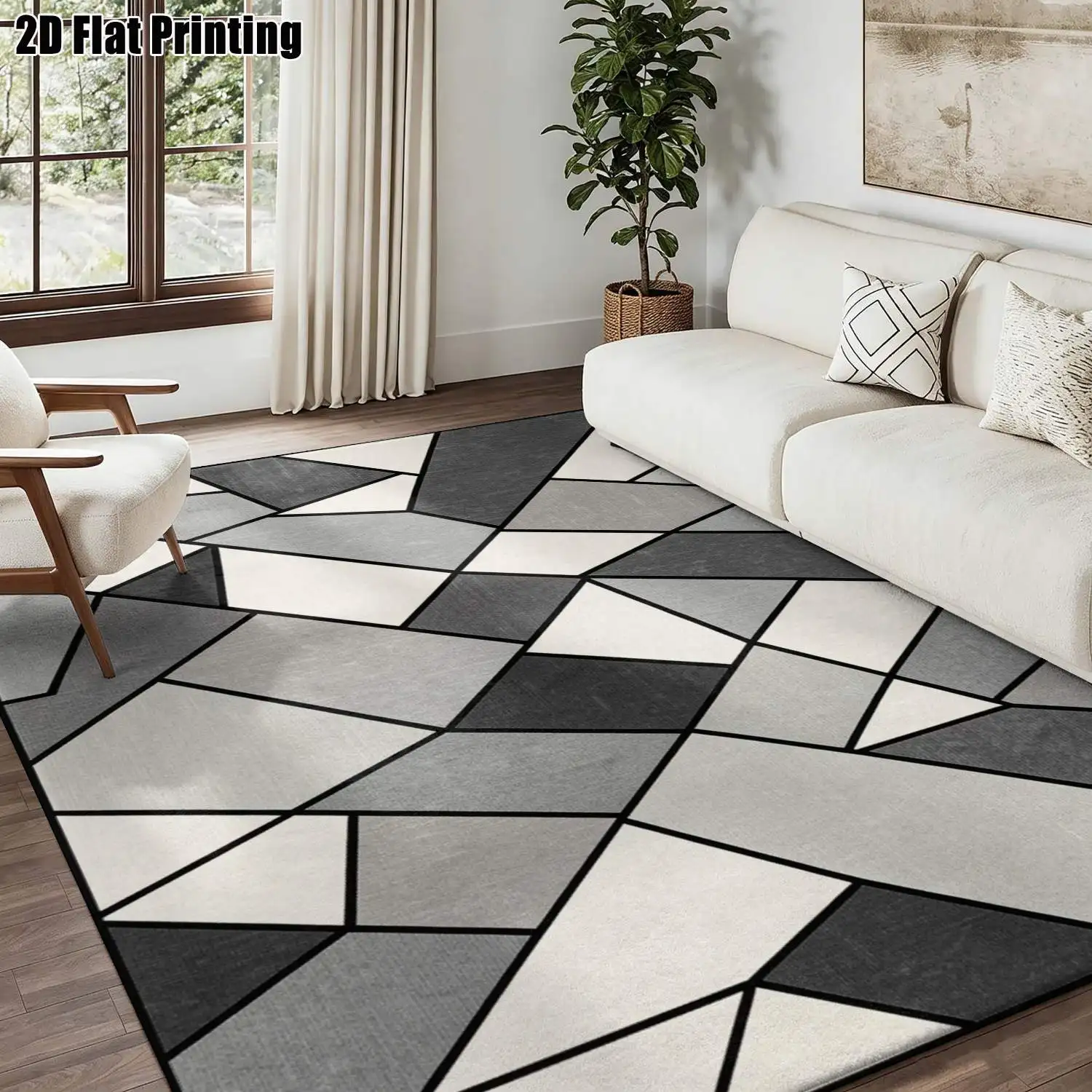 1Pc 2D Printed Black White Geometric Abstract Pattern Carpet Modern Simple Nordic/European Style, Multi-Size, Machine Washable, for Entrance/Dining Room/Bedroom/Living Room/Home Decor