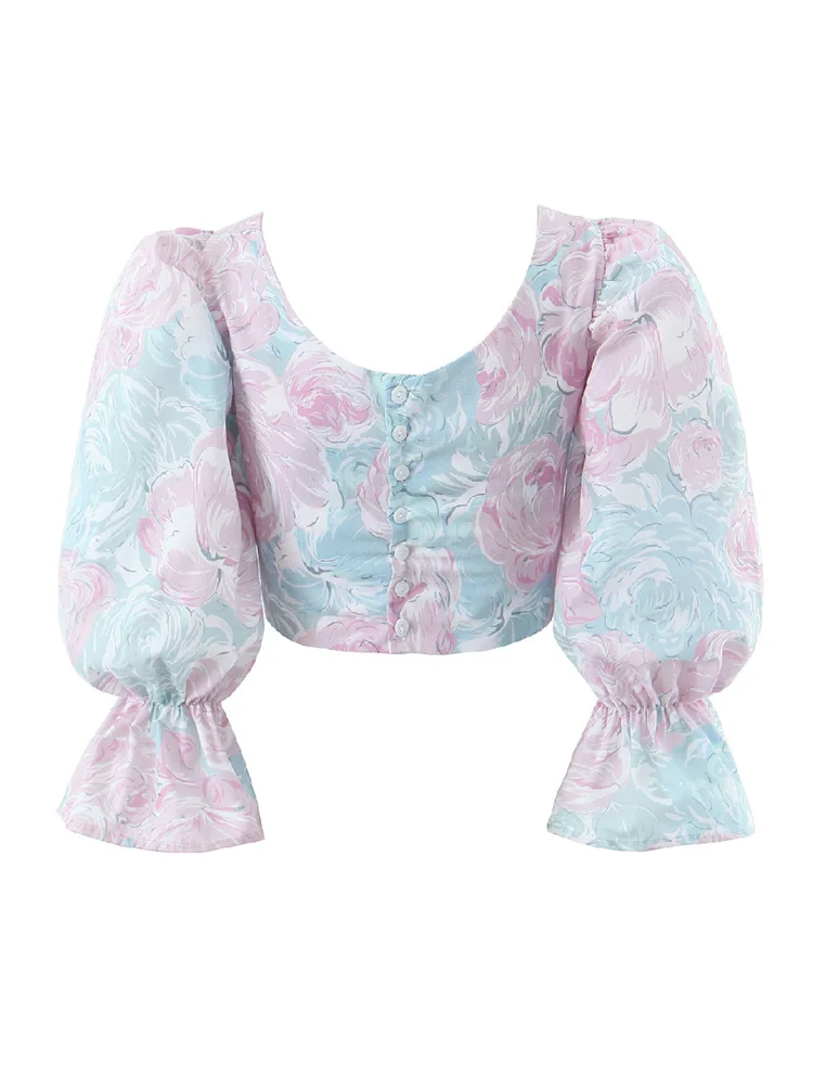 Retro Tie-dye Flower Print Square Collar Shirt Open Buttons Back Half Puff Sleeve Cropped Blouse Hem Asymmetry Tops