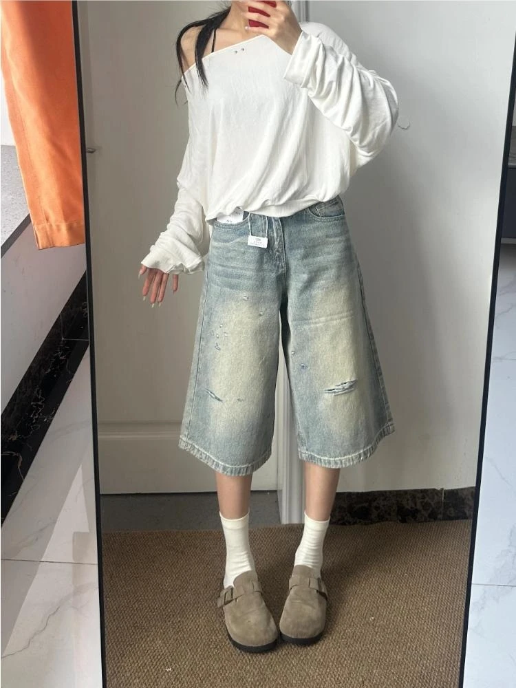 

plus Size American Style Ripped Seven-Foot Women's Jeans Summer New Retro Loose Drapey Wide Leg Medium Pants Casual Wear