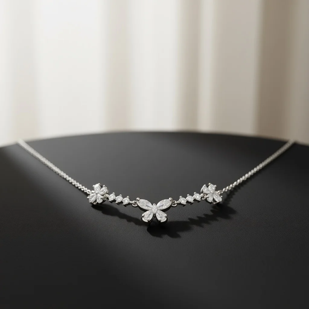 Women Silver‑Tone V Shape Marquise Zircon Three Butterfly Necklace, Luxe Sparkling Jewelry Gift for Party & Wedding Anniversary