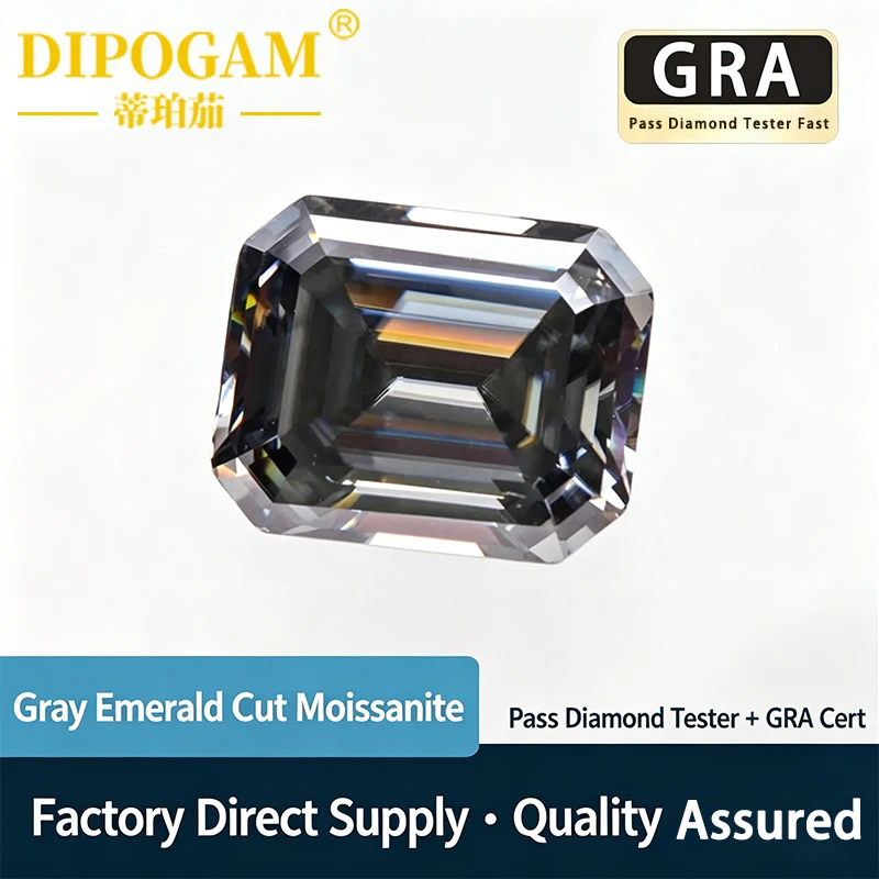 Grey primary color emerald cut moissanite GRA certificate waist size moissanite ring jewelry inlaid with bare stone