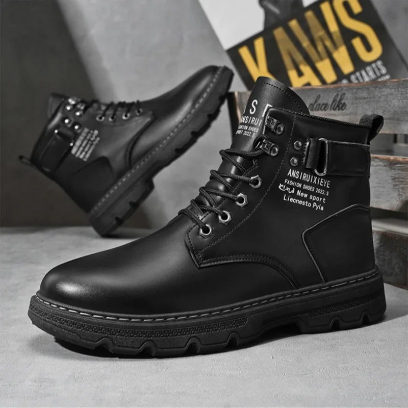 Men's High Top Combat Boots PU Leather Upper Thick Non Slip Sole Lace Up Shoes Side Buckle Design Waterproof Fashion Work Boots