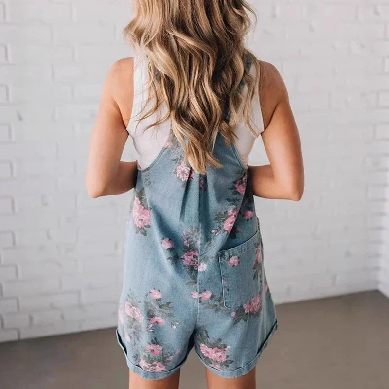 Summer New Print Strap Jean Jumpsuit Women Fashion Shorts Loose Pocket Button Rompers 2025 Casual Retro Wide Leg Denim Playsuits