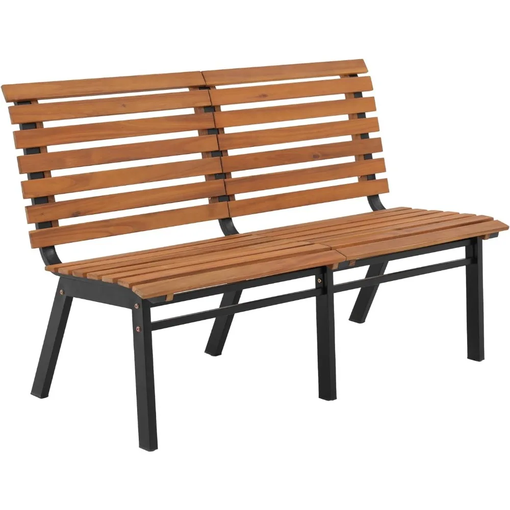 54 Inches Outdoor Acacia Wood Bench, Oil Finished Armless Garden Bench with Slatted Seat & Steel Frame for Garden, Park, Porch