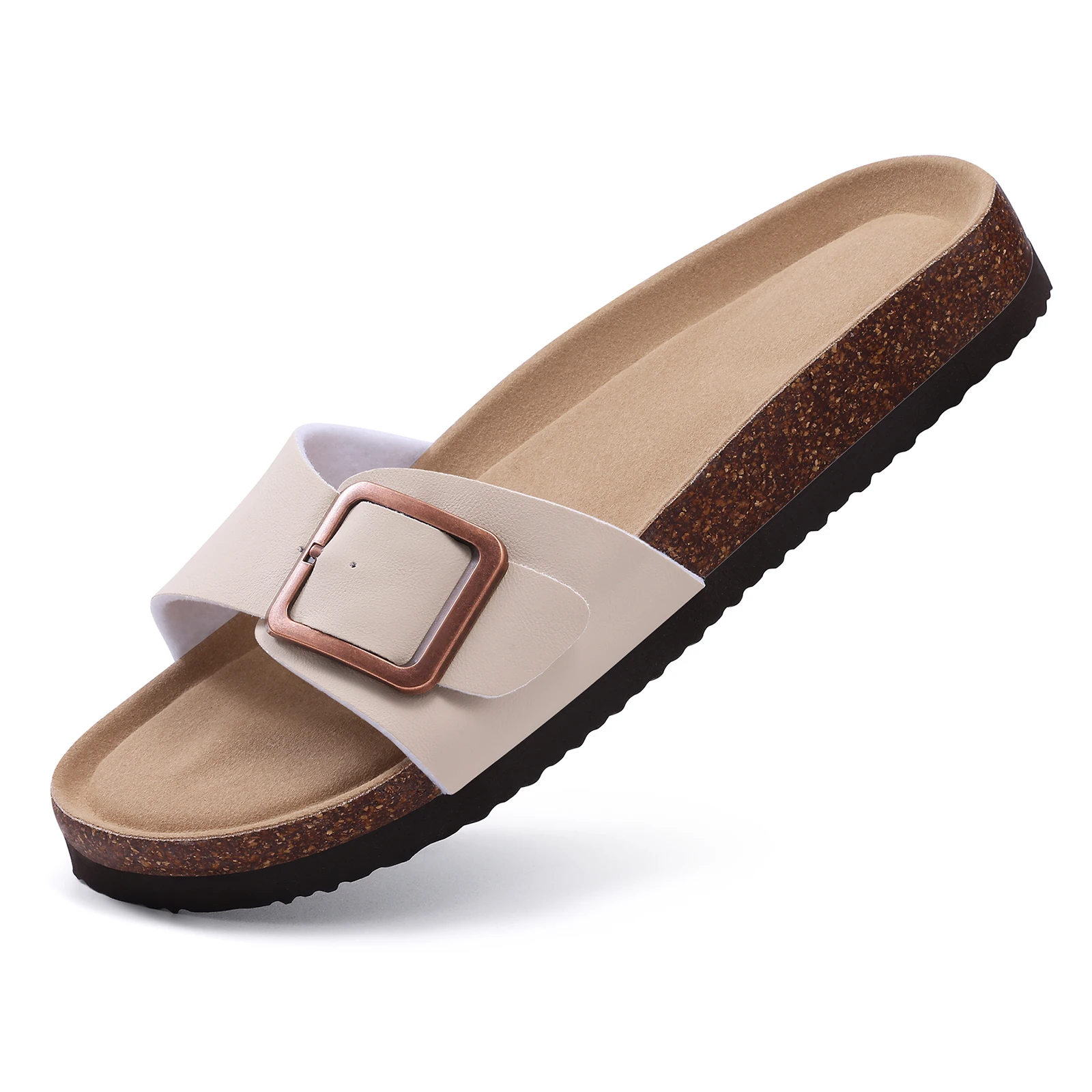 Sandalias De Cuero Para Mujer Con Plantilla De Corcho Y Soporte De Arco, Hebilla Ajustable, Ideales Para Playa En Verano._voghion.com