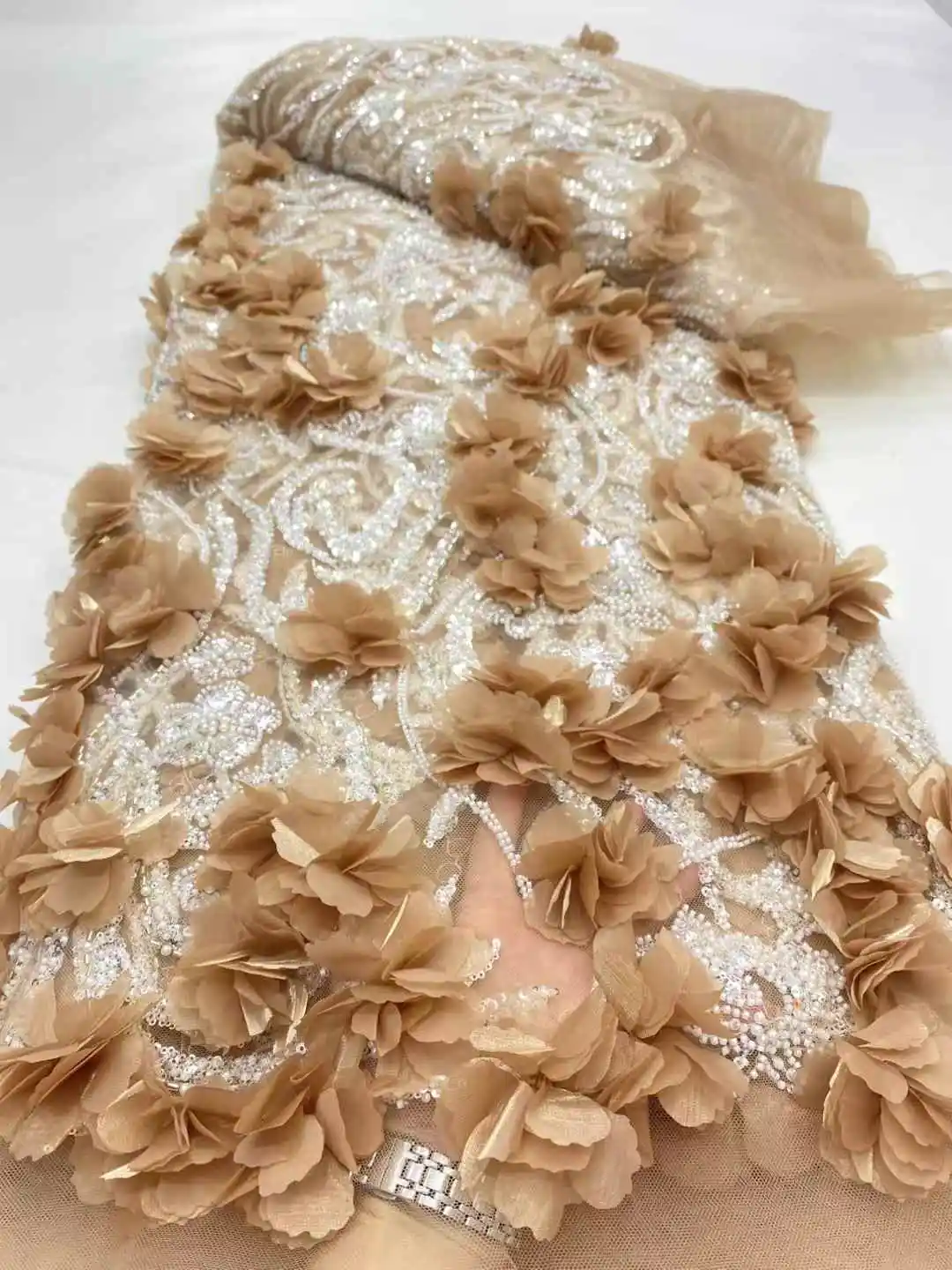 Tulle With 3d Flowers High Quality Beads Nigerian Party Lace Fabric 2025 Bridal Party Lace For Sewing Dress Wedding-DP