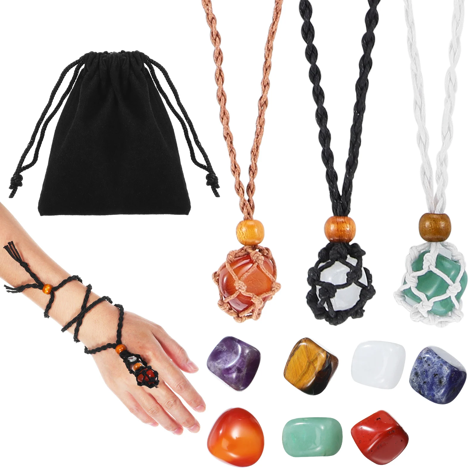 

Crystal Necklace Stone Holder 1 Set 7 Stones Red 3 Cords Black White Coffee Adjustable DIY Kit