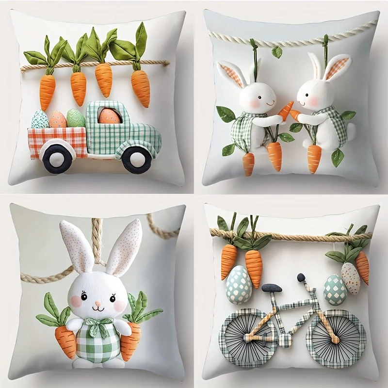 4Pcs Easter Bunny Carrot Cushion Covers 45x45cm Double-sided Printed Pillow Cases Home Decor Throw Pillows No Insert