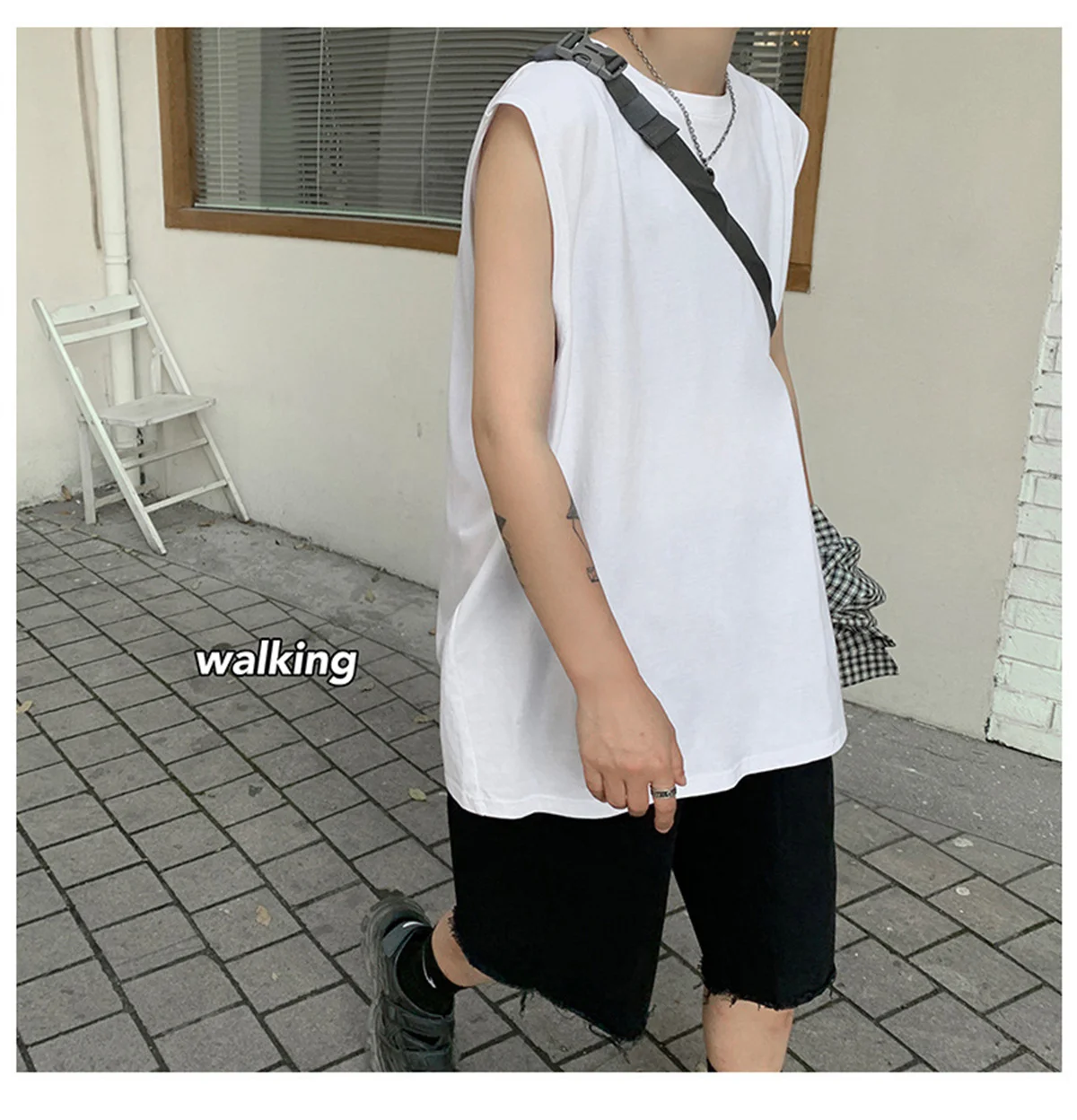 Summer Versatile Loose Men's Tank Top Shoulder Widthened Sleeveless Basketball Style Fitness Sportswear Solid Color T-Shirt