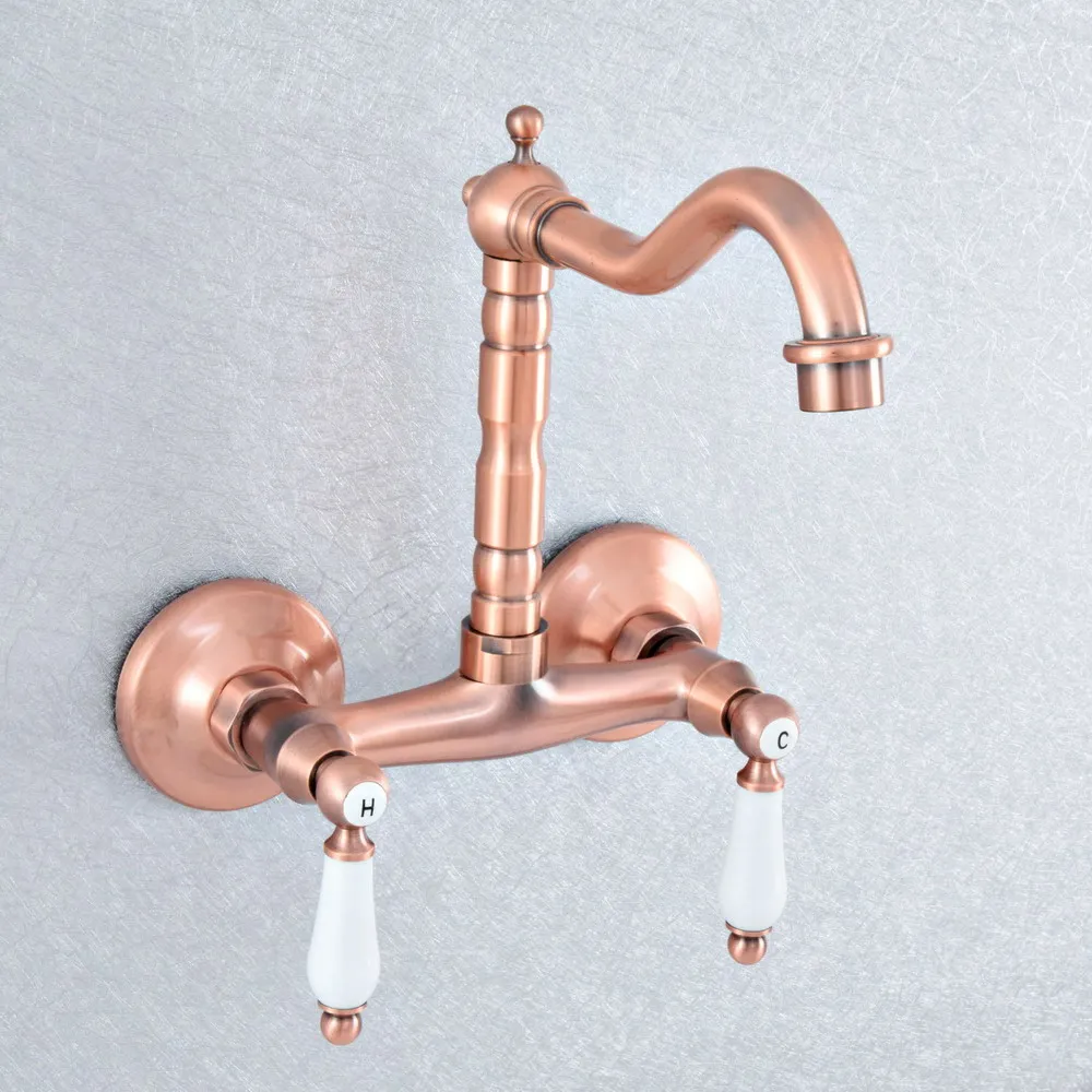 

Antique Red Copper Brass Two Ceramic Handles Wall Mounted Kitchen Bathroom Swivel Spout Faucet Mixer Tap asf896