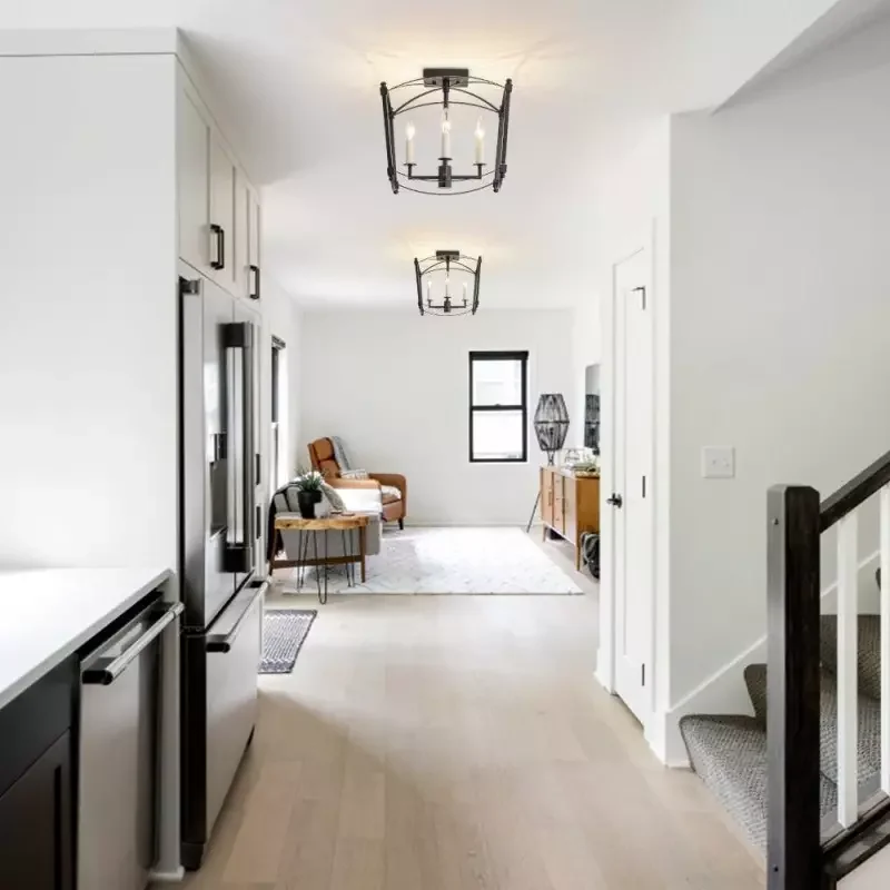 Brass Gold Modern Farmhouse Semi-Recessed Lantern, Metal Ceiling Light for Kitchen, Hallway, Entrance, Bedroom