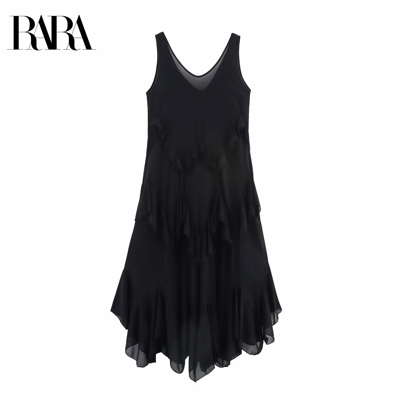

RARA Women's Chiffon V - neck Sleeveless Wide - strap Midi Dress with Layered Ruffled Decoration Stylish and Elegant