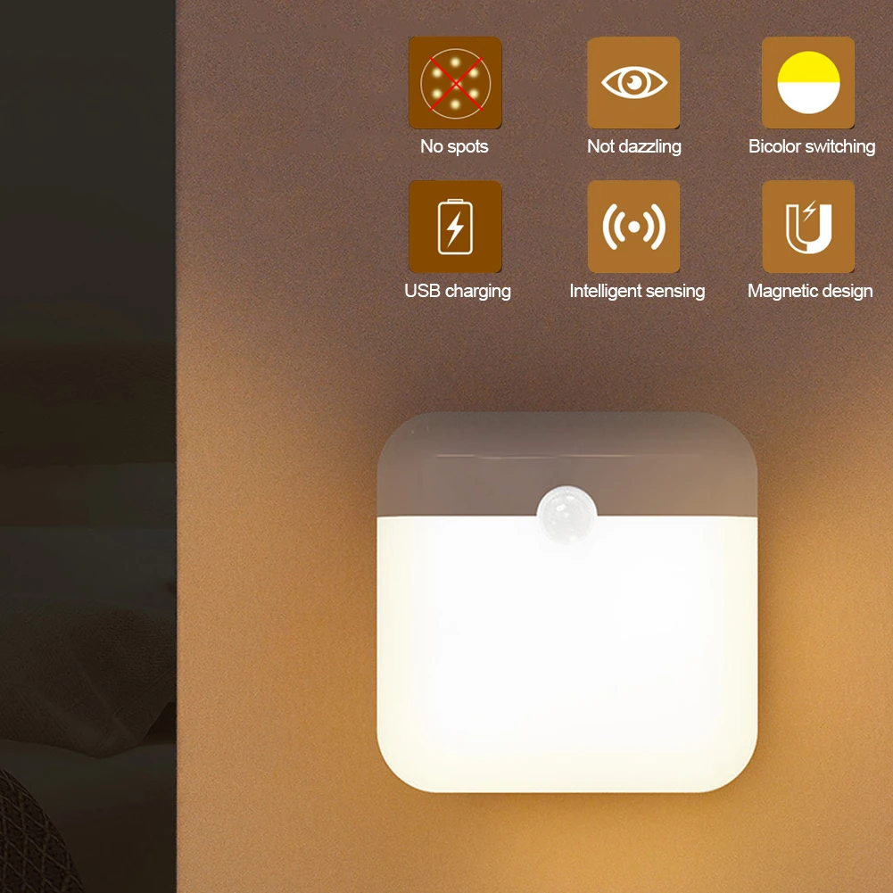 Nordic Motion Sensor Led Square Lamp Usb Charging Night Light Bedroom Kitchen Toilet Stair Hallway Wardrobe Cupboard Lighting