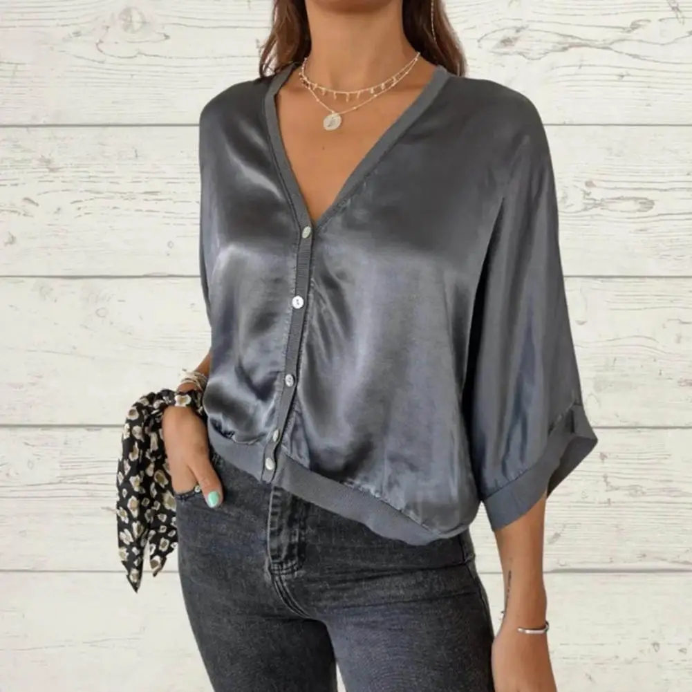 Women Solid Color V-neck Top Elegant Satin V-neck Women's Shirt Loose Fit 3/4 Sleeves Single Breasted Casual Top Satin Blouse