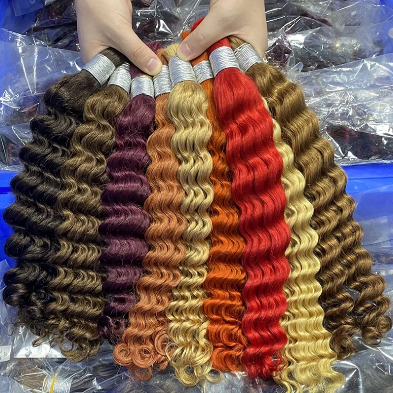 100% Human Hair Bulk for Boho Braids No Weft Deep Wave 350 Color Raw Hair Extensions Curly Bundles Braiding Hair Pre Stretched