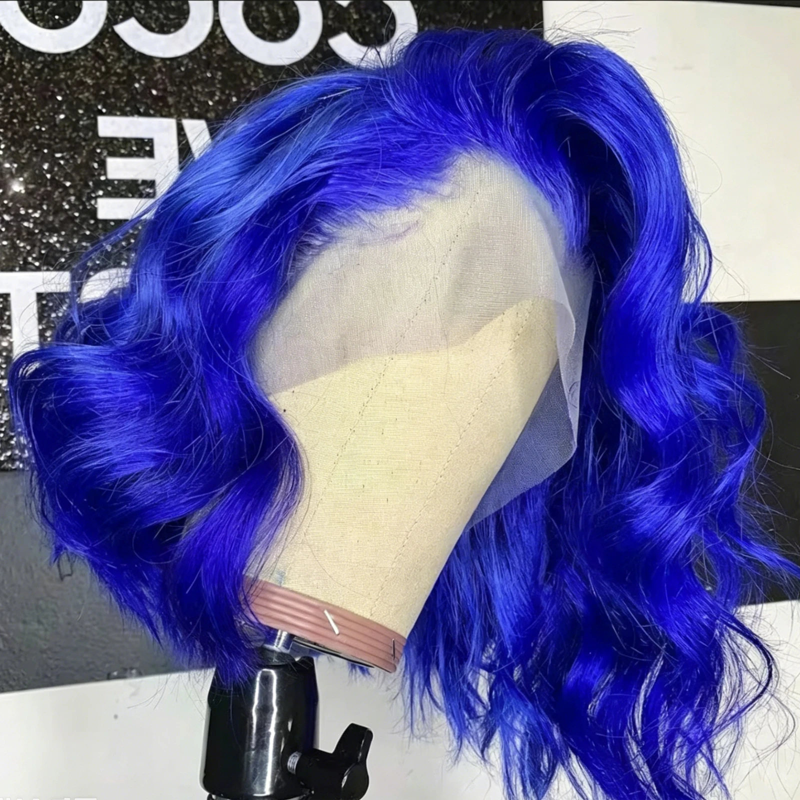 WIF Royal Blue Short Hair Wavy Bob Lace Front Wig Body Wave Short Bob Heat Fiber Blue Hair Synthetic Wigs 12Inch Women Daily Use