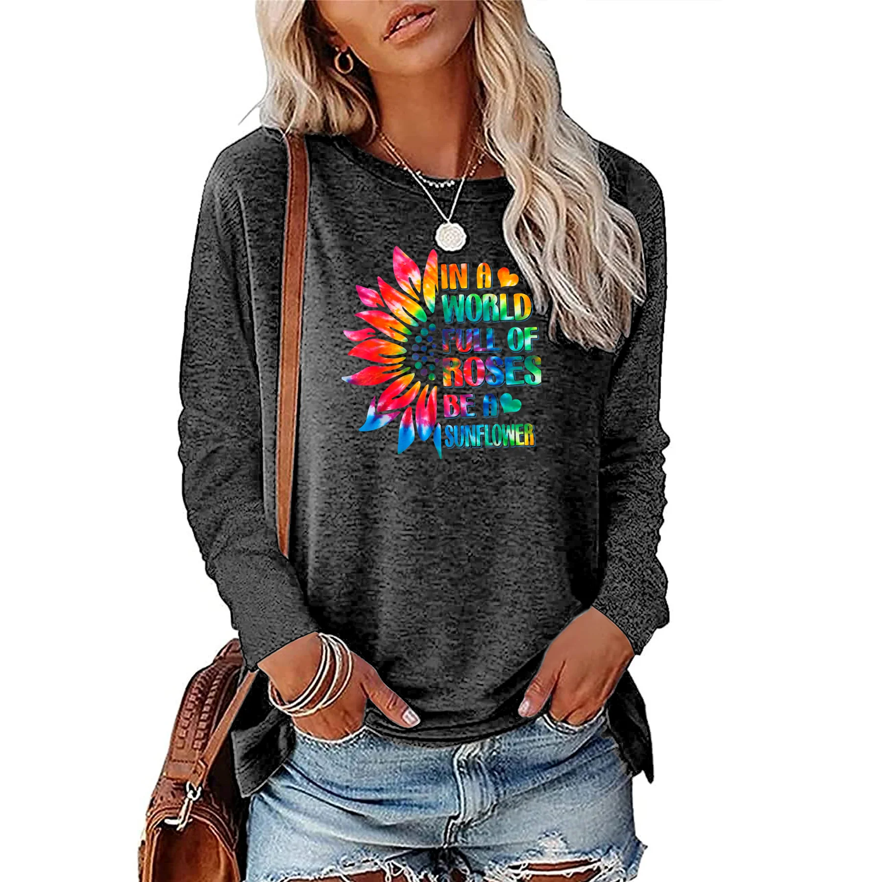 Interesting Retro Half Sunflower Letter Printed T-shirt Women\'s Gift Long Sleeve