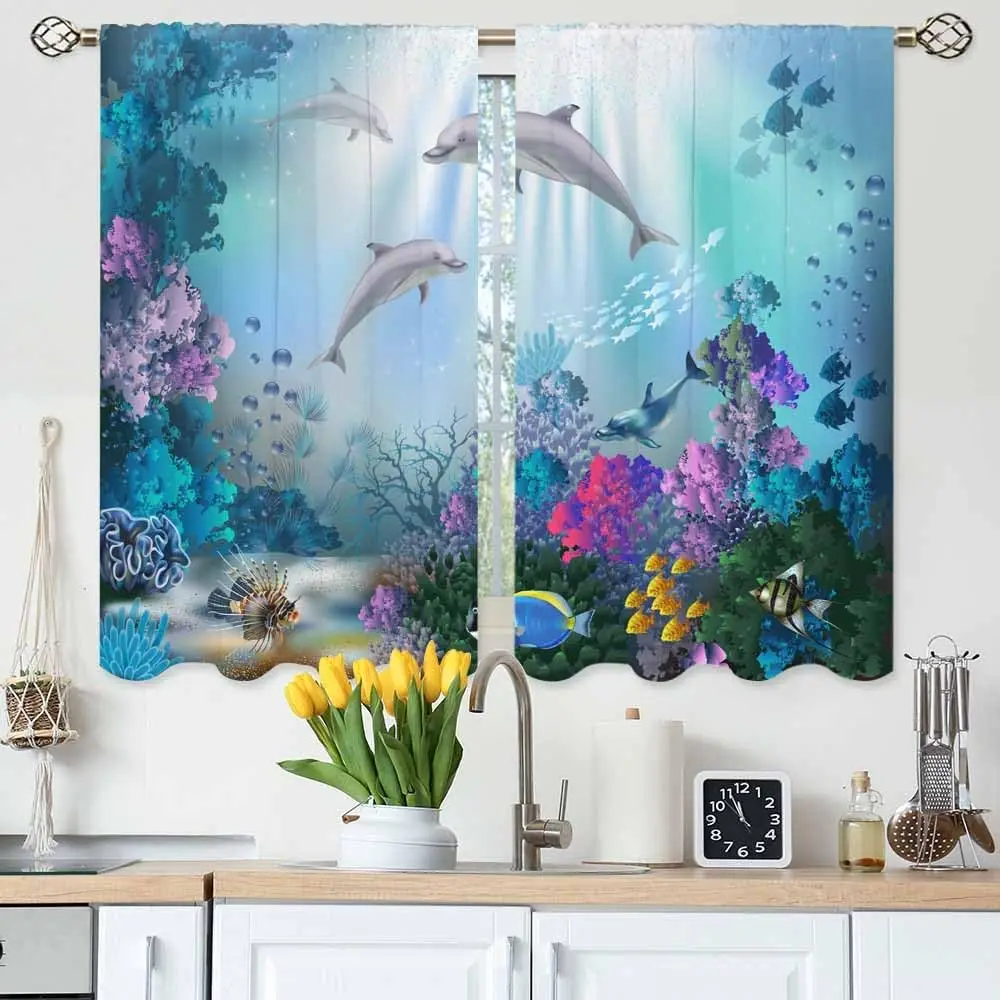 

Подводный мир, кухонные шторы, мультяшные океанские дельфины, растения, рыба, коралловый риф, короткие ярусные шторы для ванной комнаты, кафе, окна