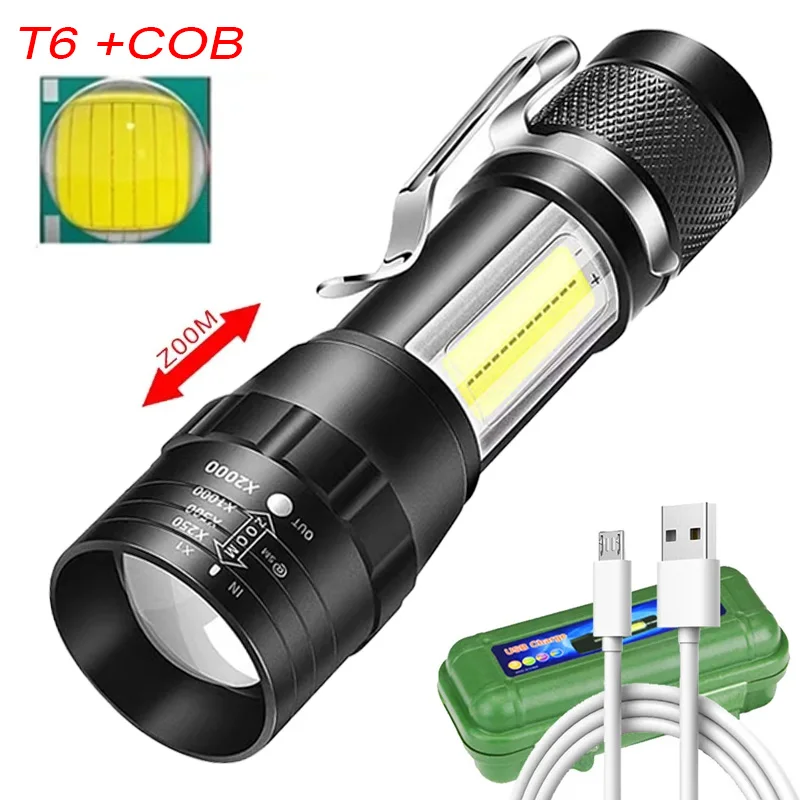 Mini Torch T6 LED Rechargeable Flashlight Portable USB Charging Flashlight High Power Bank Camping Waterproof Long Range Lantern