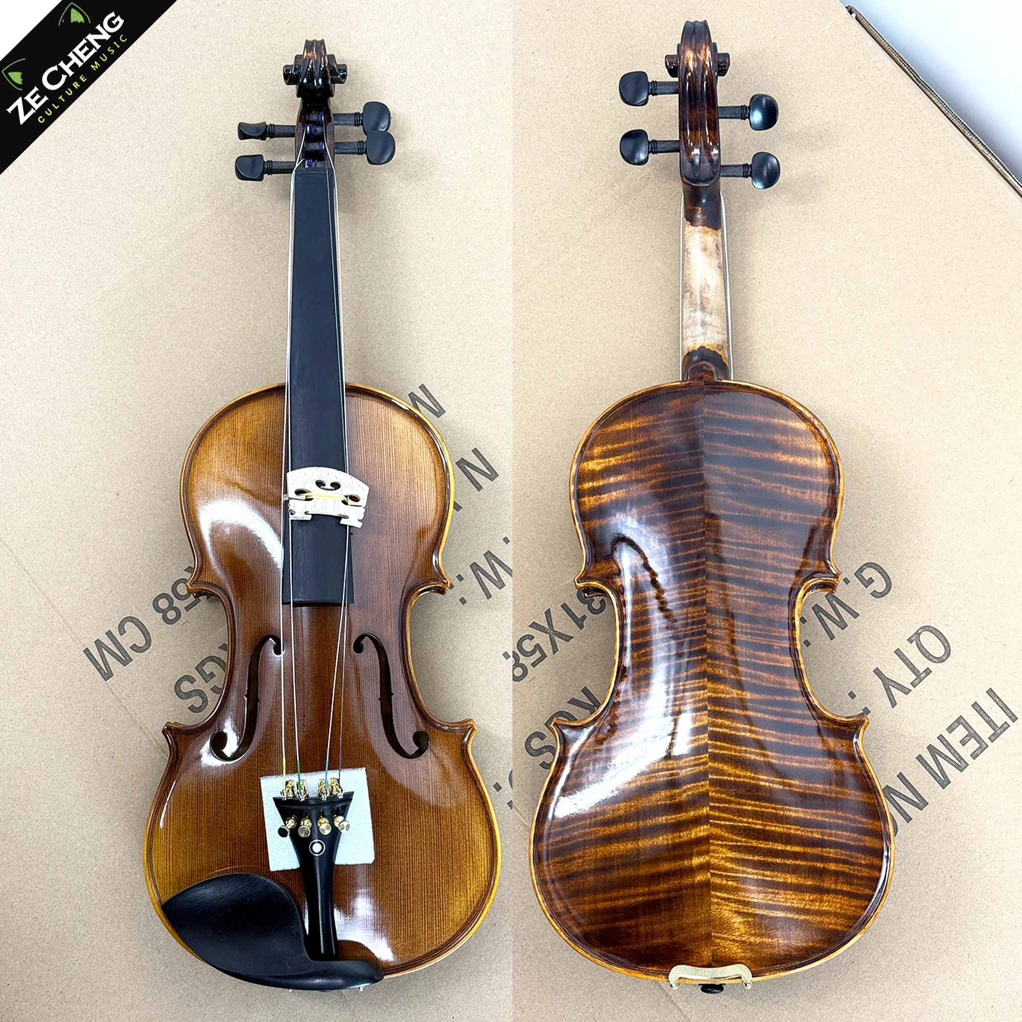 Handmade Violin 4/4 3/4, Air-Dried for over 10 Years, Natural Flame-Grained Maple Wood, Antique-Style Spruce Board, Oil-Based Varnish, Ebony Fittings, Complete Set with Case, Bow, and Shoulder Rest