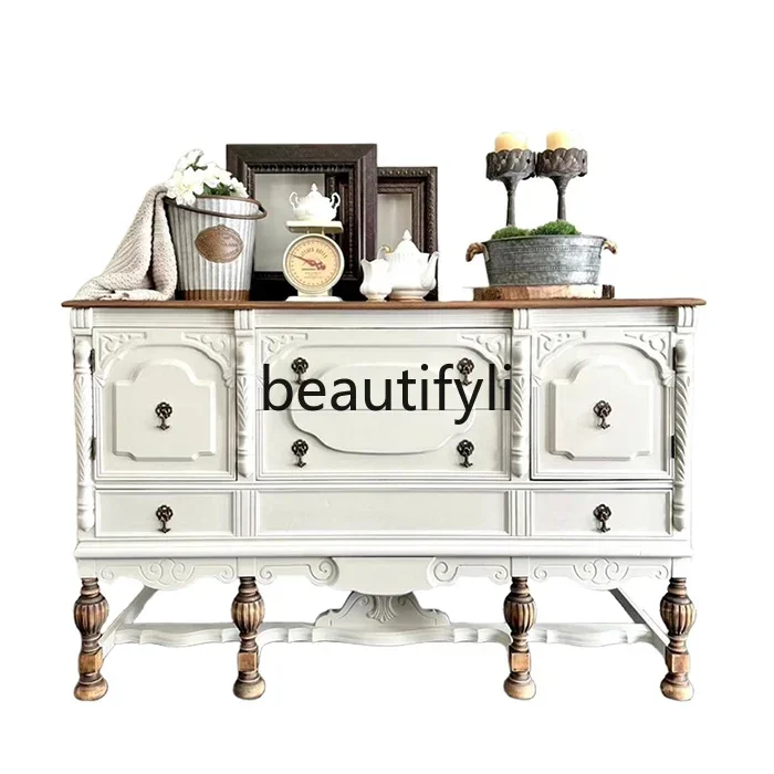 

D80 Vintage American retro cream wind carved porch French storage locker can be customized