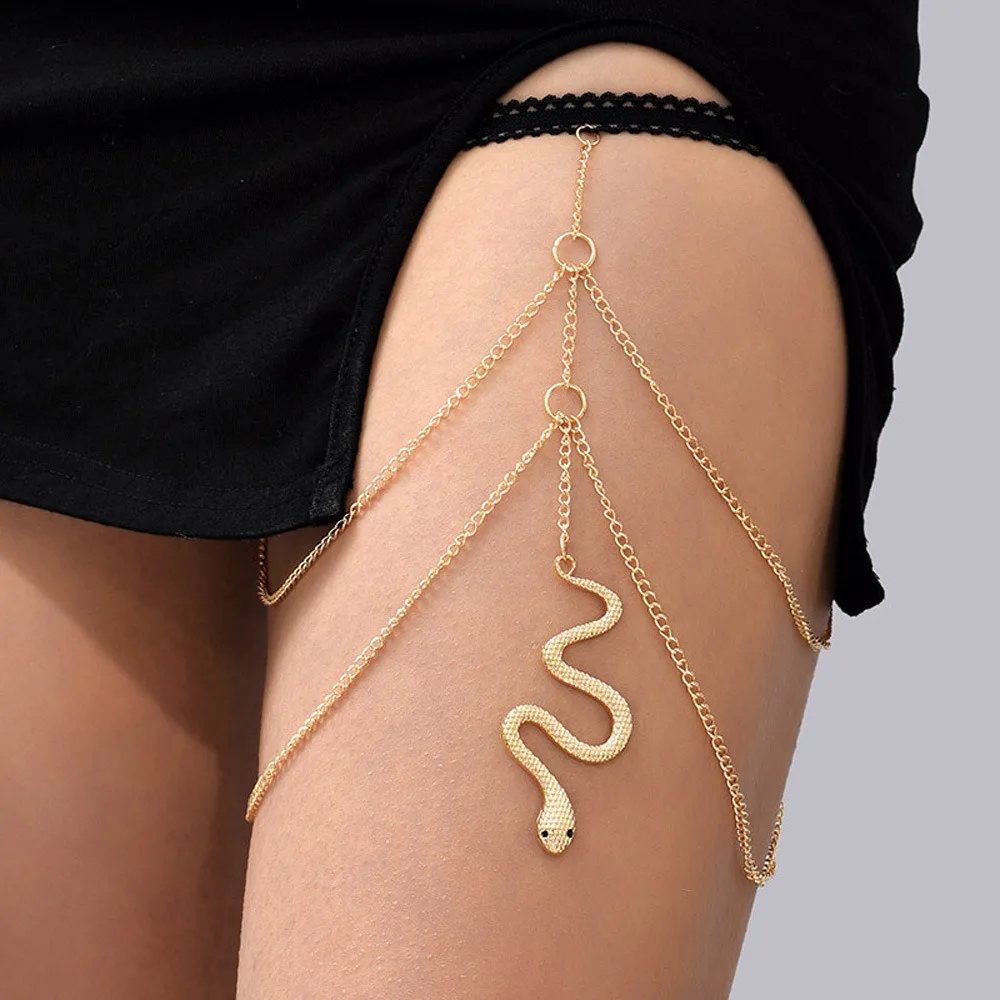 Personalized Golden Snake Pendant Leg Ring Beach Vacation Versatile Double-layer Elastic Rope Body Chain Leg Chain Jewelry Gift