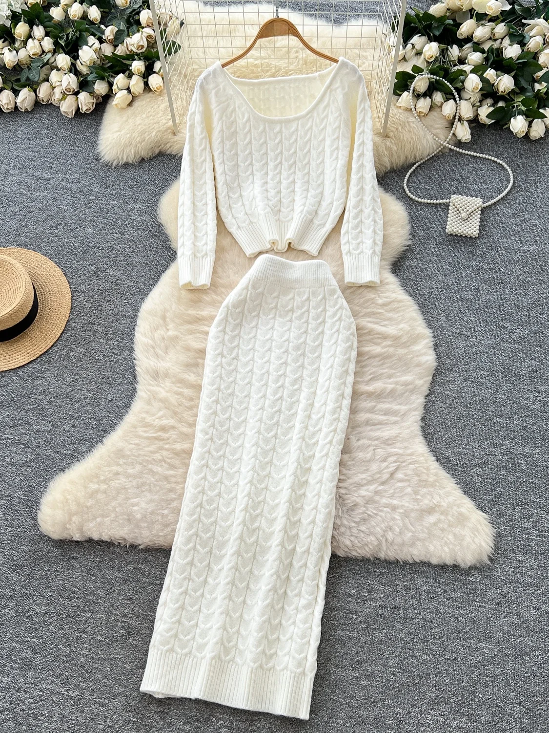 Fall Faion Damen-Set mit hoher Taille, schmale Passform, S Sve Long Sve, rundes Ne-Strick- und Rock-Set, Twist-Design, bequem