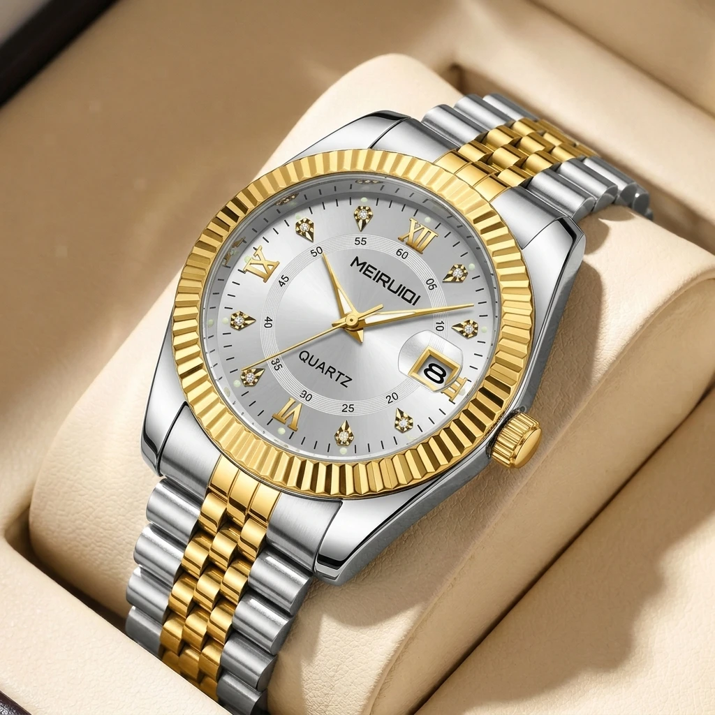 1pc Two-tone Watchband Roman Numeral Quartz Watch with Date Display, Simple, Elegant, Stylish