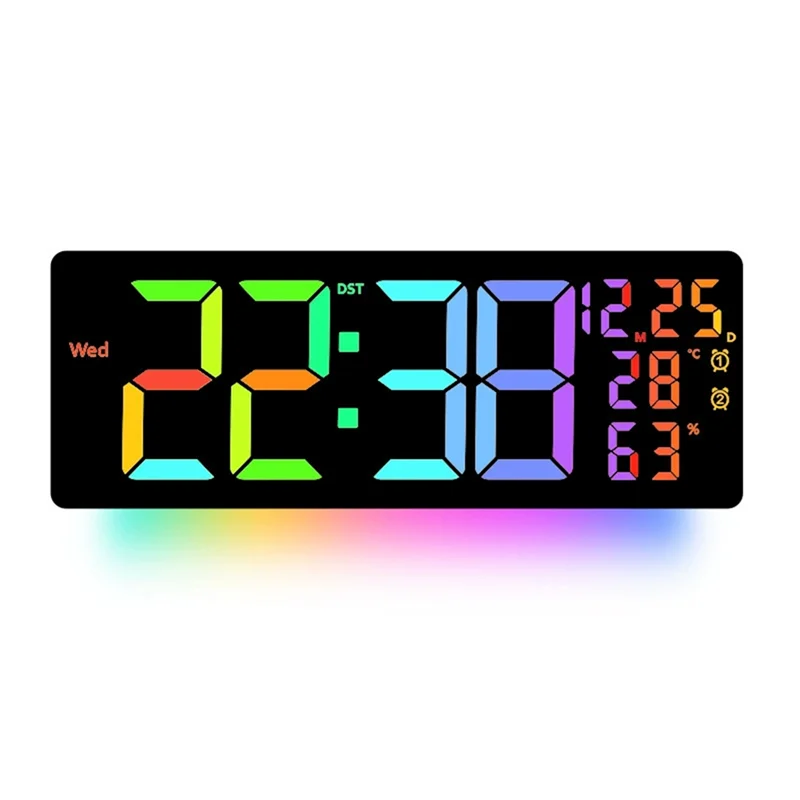 AASS-Multifunctional RGB Large Digital Wall Clock - 8 Colors, Displays Temp, Humidity, Date, With 2 Alarms And Countdown Timer