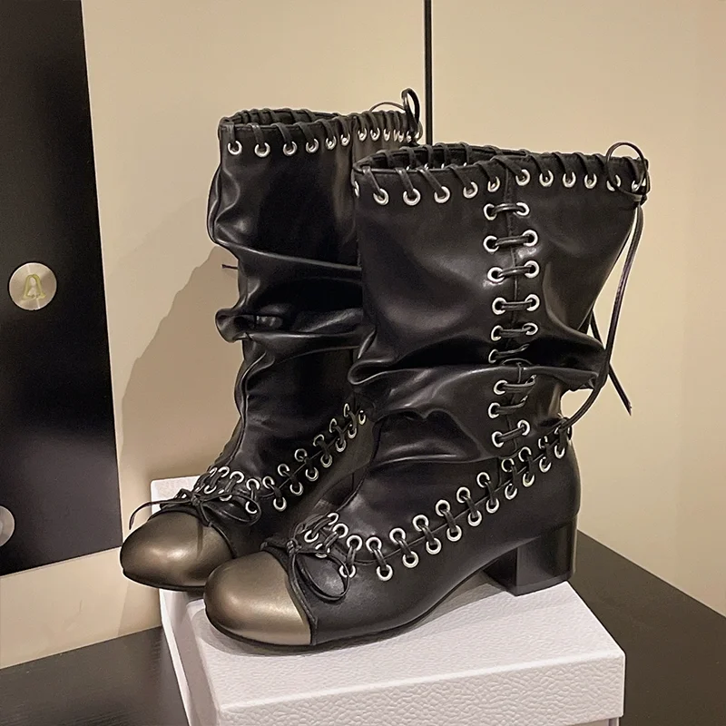 Women's Fashion Boots Pleated Lace-up Bow Square Toe Mid-calf Boots 2025 New Style Punk Style Large Tube Thick Heel Short Boots