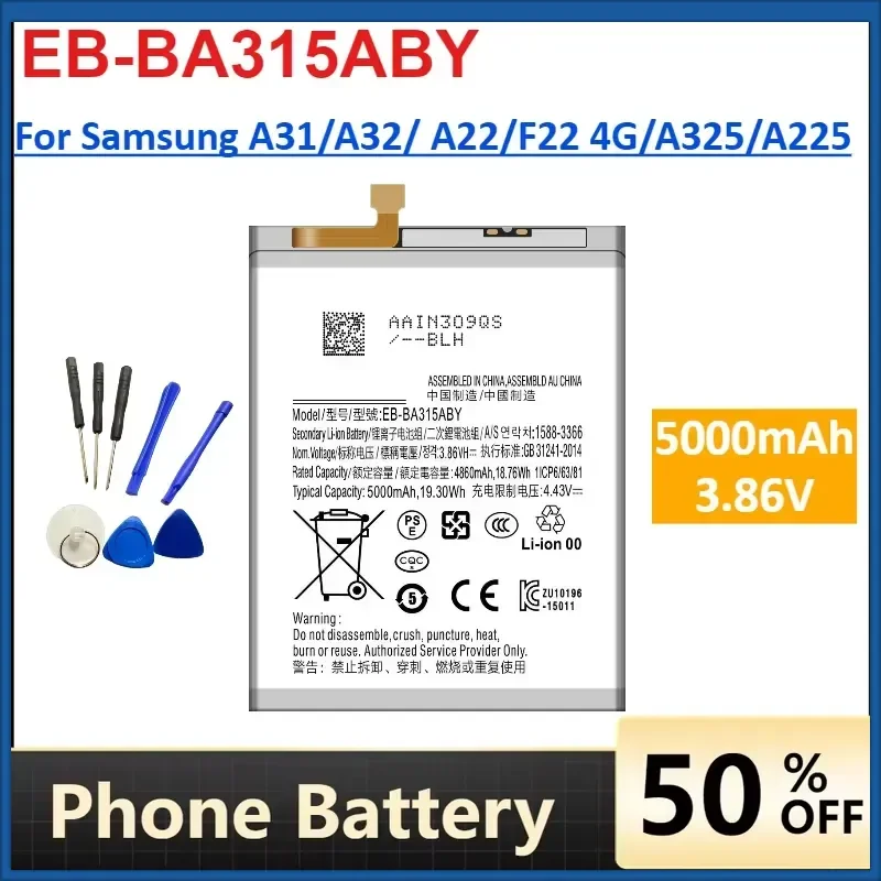 

EB-BA315ABY 5000mAh Mobile Phone Battery for Samsung A31/A32/ A22/F22 4G/A325/A225 Replacement Lithium Batteries 3.86V