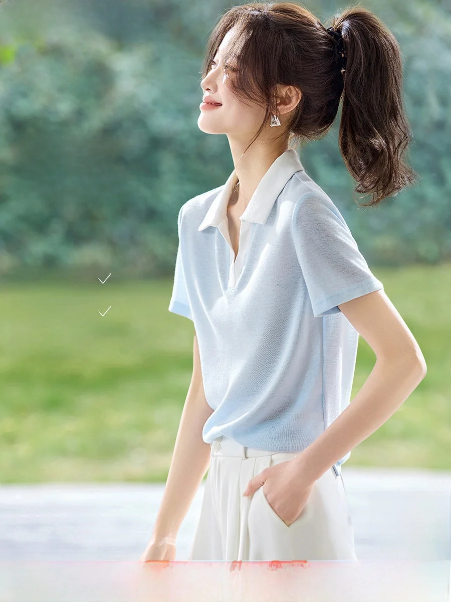 

Mehaiyimi Linen Blend Summer 2026 Casual Contrast Color Block Short Sleeve Lightweight Comfortable Shirt Women's Fashion