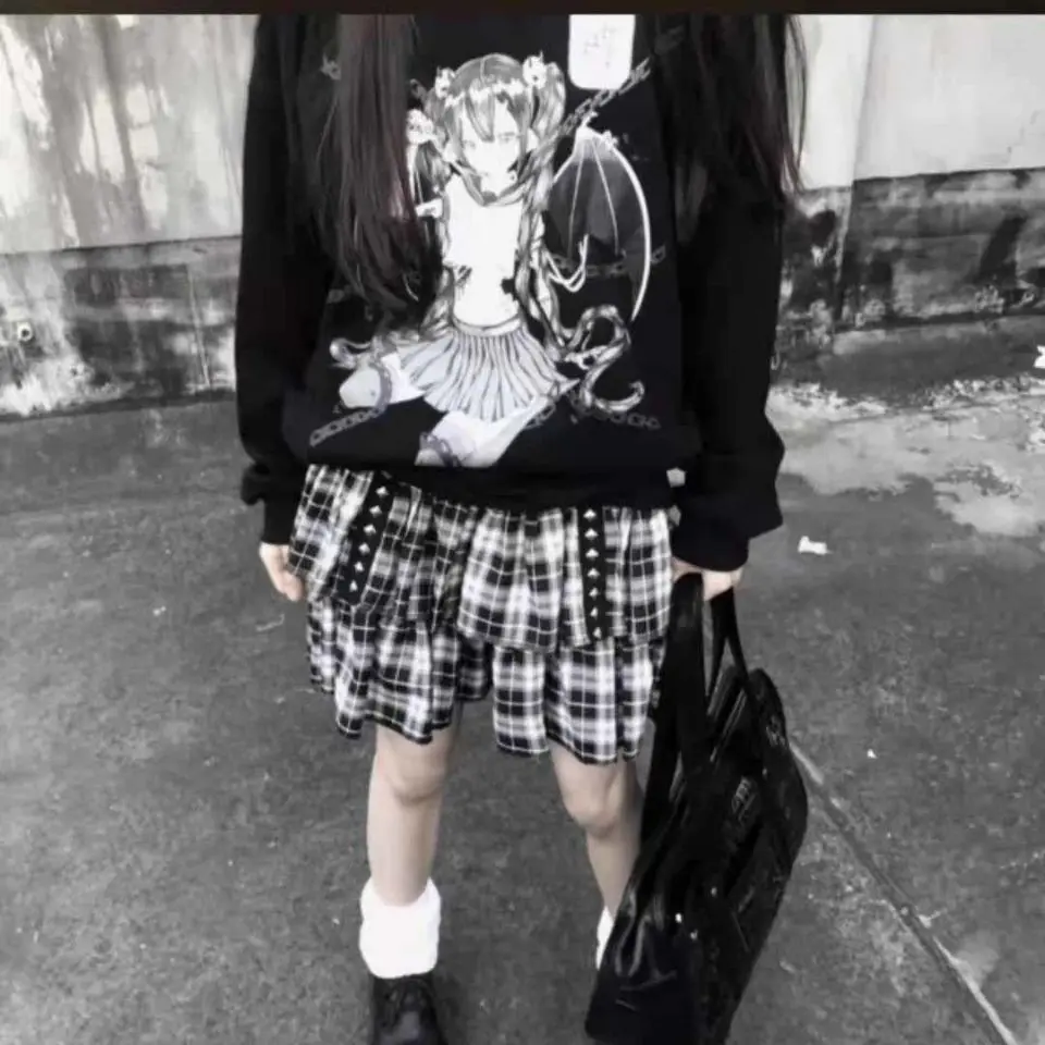 

Korejpaa Harajuku Woman Skirt Checkered Rivet Double Layer High Waisted Cake Skirts Versatile Vintage Clothes Y2k Skirt Street