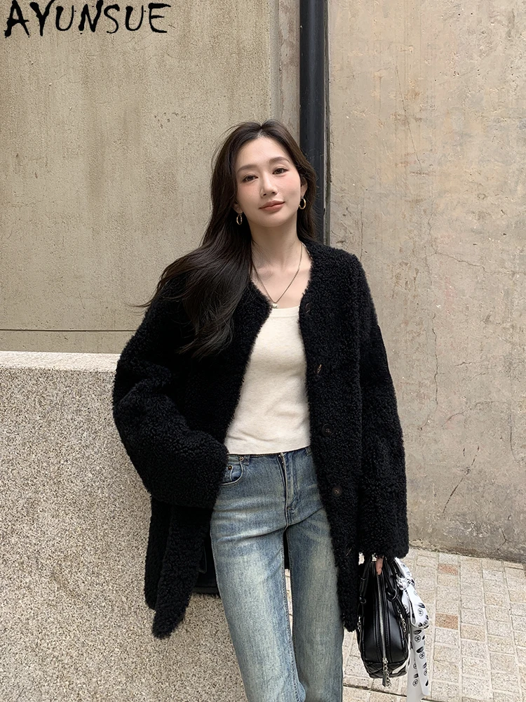 AYUNSUE 2025 Nowa kurtka z owczej wełny damska Naturalna wełna Luksusowe kurtki damskie Ubrania Kurtka futrzana średniej długości Moda Abrigo Mujer