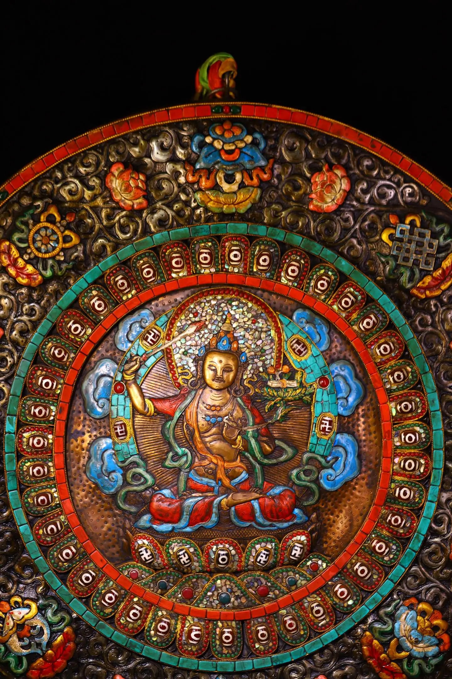 

20"Xizang Folk Collection Old Tiantie Painted Mosaic Gem gZi Beads Turquoise Manjusri Bodhisattva Buddha Tangka hanging panel