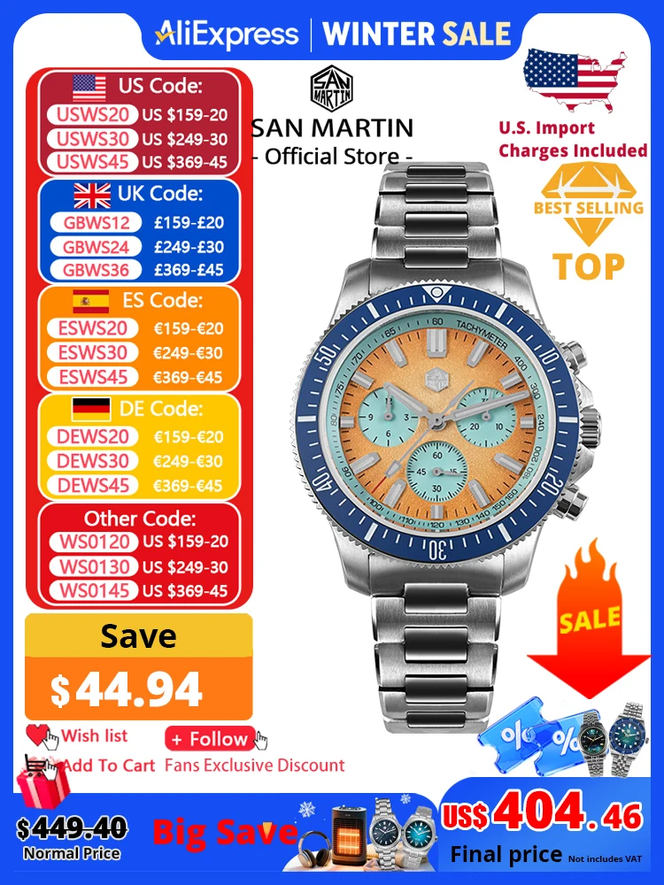

San Martin 40mm Diver Chronograph Watch Peacock SL-4801 Automatic Movement Luxury Men Mechanical Wristwatch Waterproof SN0118