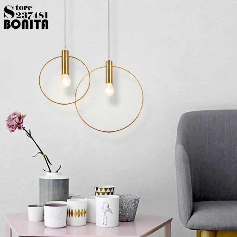 Copper Pendant Lamp Nordic Simplicity Round Shape Iron Frame Ceiling Chandelier Dinning Table Bedside Golden Ring Hanging Light