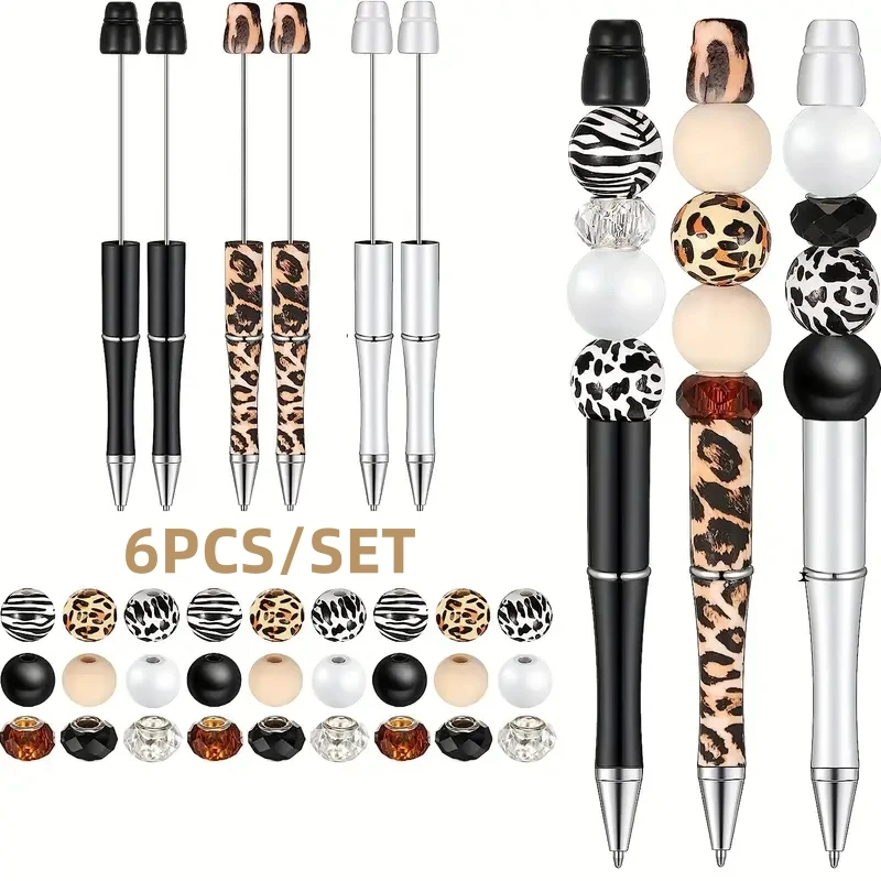 6PCS DIY Bead Pen Set For Back To School Season, With A Cow Leopard Print Theme, Perfect For Student Friends As Gifts