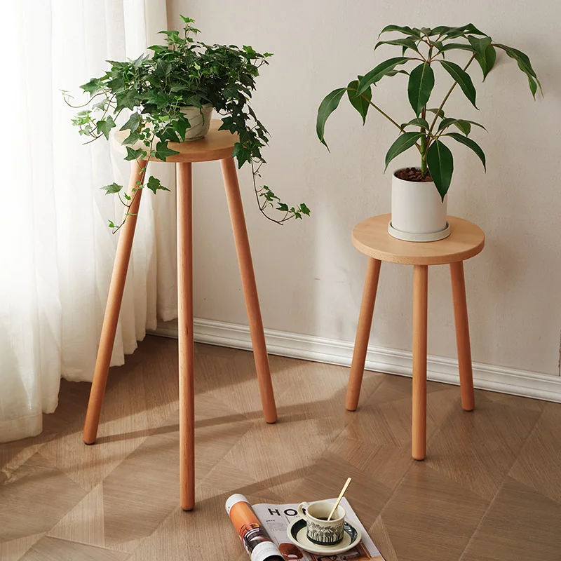 Solid wood potted plant ornament, three-legged shelf, single pot flower stand, balcony, indoor side, living room floor-to-ceilin