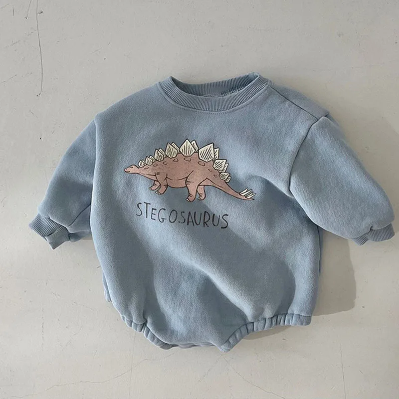 New Baby Boys Bodysuits Sweatshirts Autumn Toddler Girls Dinosaur Hoodies One Piece Infant Boys Fleece Pullovers Thicken Clothes