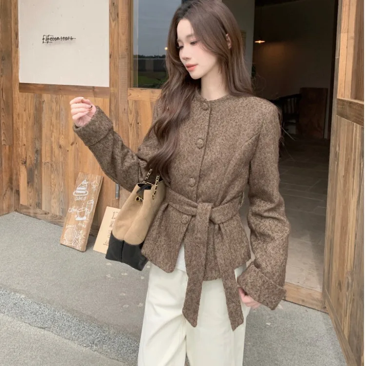 

Women's Woolen Jaet Chic round Ne Waist-Cinching Vintage Preppy Sle Long Sve Autumn Winter High-End Feeling Top