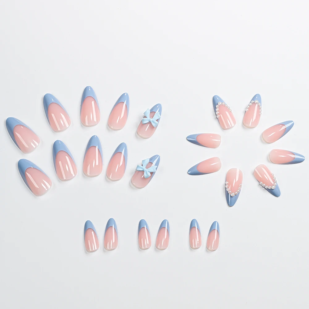 24 قطعة الصحافة الفرنسية الزرقاء على الأظافر مع الأبيض ثلاثية الأبعاد Bowknot اللؤلؤ قصيرة اللوز وهمية مسمار نصائح أنيقة النساء يمكن ارتداؤها أطراف الأصابع كاذبة
