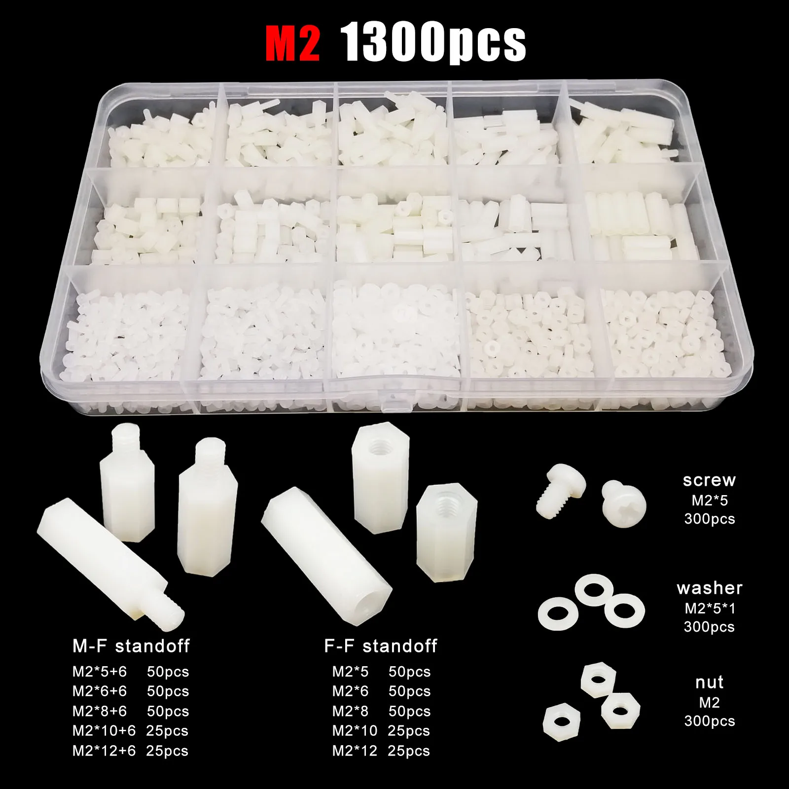 

1 Box M2 M2.5 M3 M4 White Plastic Nylon Insulated Hex Standoff Hexagon Pillar Spacer Column Screw Nut Washer Assortment Kit Set